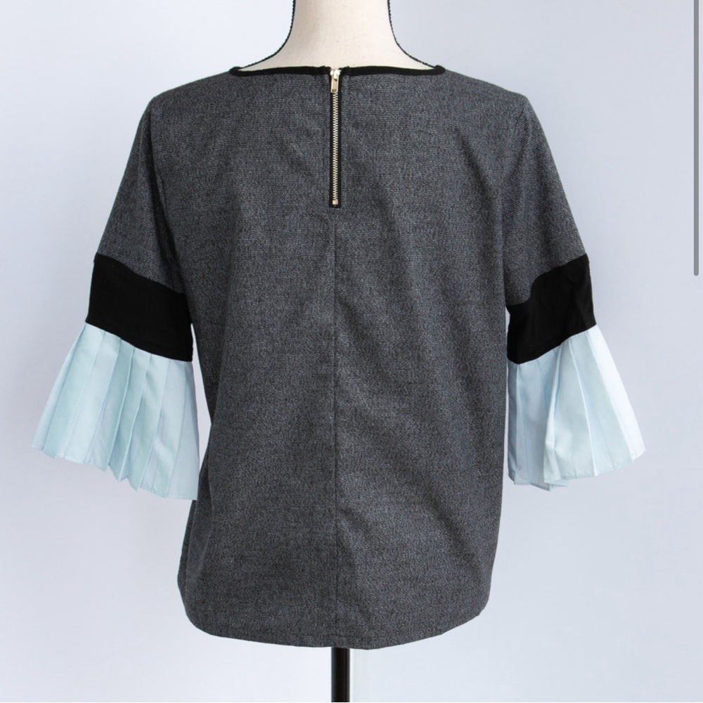 THML tweed black & white top with baby blue flowy ruffle bell sleeve Small